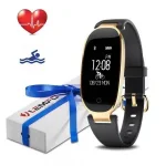 LEMFO smart fitness watch in black and gold, waterproof activity tracker with heart rate and fitness features for women